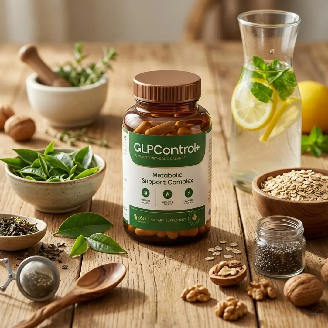 GLP Control+ bottle beside wellness ingredients and water